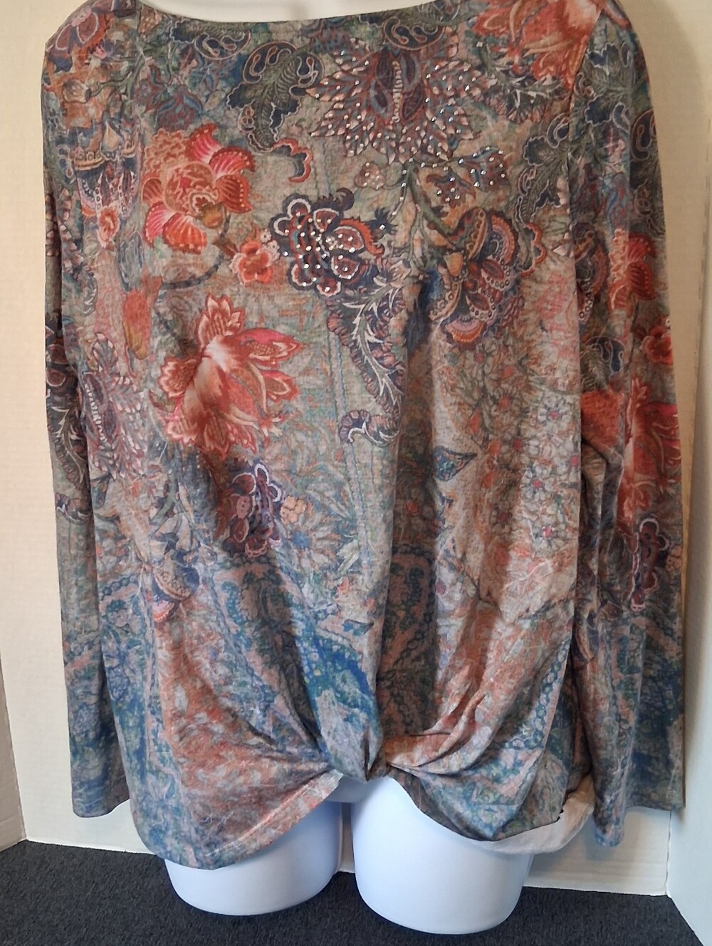 Stunning Embellished Floral Twist Front Long-Sleeve Top Multi-Color